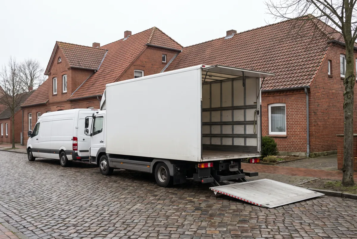 24h-Notservice Entrümpelung: LKW und Transporter vor dem Haus